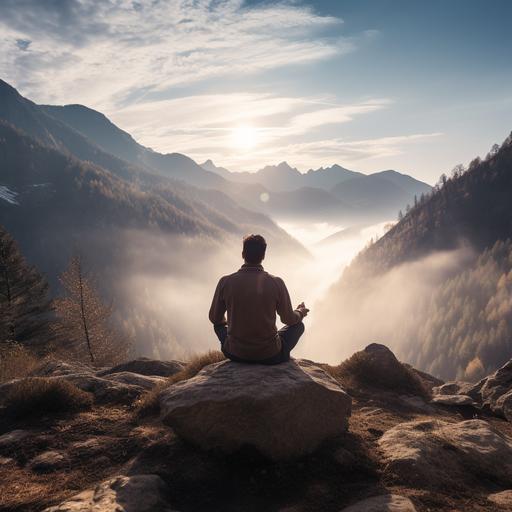 lower stress life, man meditating at top of mountain
