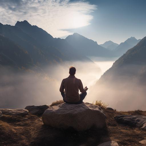 lower stress life, man meditating at top of mountain