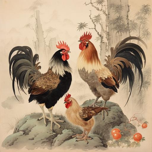 Chinese painting, rooster, hen, chick