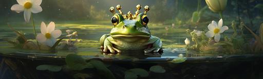 fairy tale, crown on the head, frog with a crown on the head, fairy tale, realistic, frog sitting on a lily pad, fabulous atmosphere, clarity, detail --ar 10:3