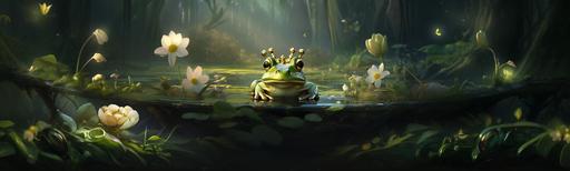 fairy tale, crown on the head, frog with a crown on the head, fairy tale, realistic, frog sitting on a lily pad, fabulous atmosphere, clarity, detail --ar 10:3