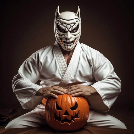 luchador de jiujitsu con kimono blanco de jiujitsu con cabeza de calabaza de halloween en una fiesta de Halloween
