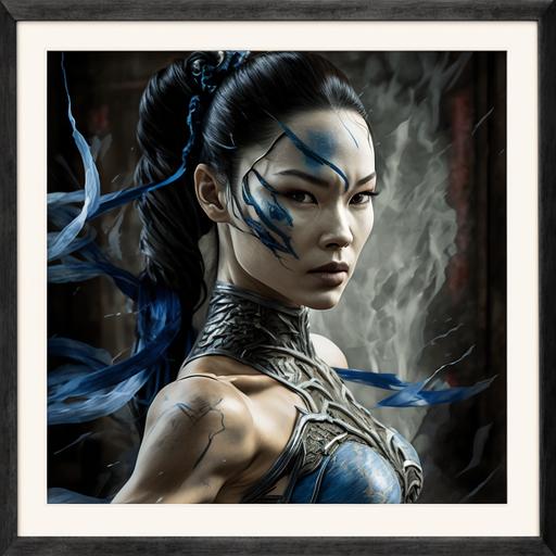 lucy liu as kitana from mortal kombat in the air throwing a tessen (Japanees war fan), asian street as a background, full body, highly detailed face by greg rutkowski and magali villanueve, beautiful eyes, super quality, real life, superb quality, realistic, ultra, scene, 4k, octane,