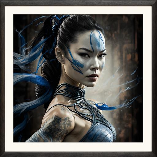 lucy liu as kitana from mortal kombat in the air throwing a tessen (Japanees war fan), asian street as a background, full body, highly detailed face by greg rutkowski and magali villanueve, beautiful eyes, super quality, real life, superb quality, realistic, ultra, scene, 4k, octane,