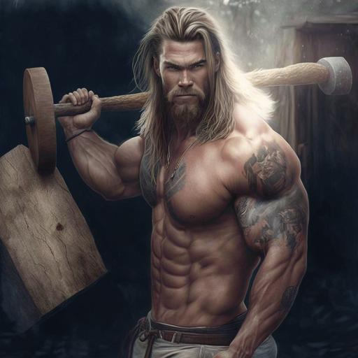 lumberjack style Chris Hemsworth chopping wood and holding an axe, full body picture, sweaty muscles, long hair, hairy armpits, hairy chest, tattoos, ultra realistic, high quality --quality 5