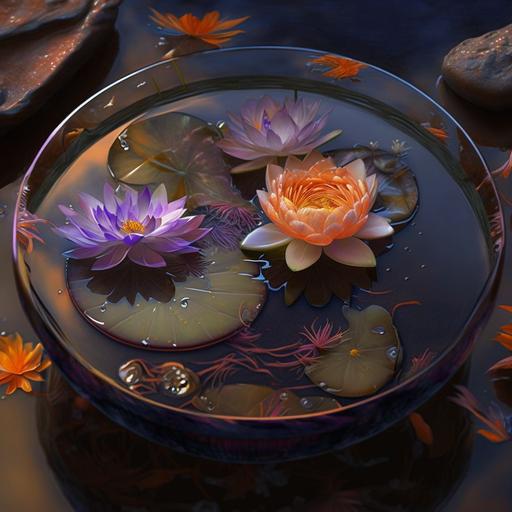 luminescent copper kintsugi orange and violet lotus flowers over a carnival glass pond at night :: photorealism :: gold ::-1