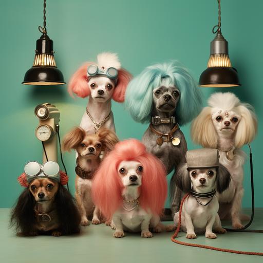 lumino kinetic a lot of cute dogs arround with wigs, funny accessories, cinema cameras, spotlights and dog grooming equipment. pastel colours