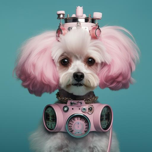 lumino kinetic a lot of cute dogs arround with wigs, funny accessories, cinema cameras, spotlights and dog grooming equipment. pastel colours