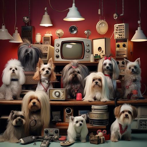 lumino kinetic television set. a lot of cute dogs arround with wigs, funny accessories, cinema cameras, spotlights, dog grooming equipment
