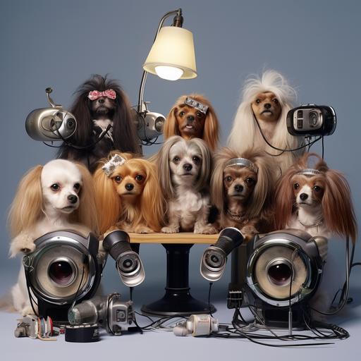 lumino kinetic television set. a lot of cute dogs arround with wigs, funny accessories, cinema cameras, spotlights, dog grooming equipment