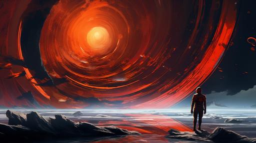 lumino kinetic, vray, syd mead concept colorful orange and red swirl, in the style of jessica rossier, 32k uhd, alan bean, poured, fluid, dark cyan and red, einar hákonarso --ar 16:9 --s 50