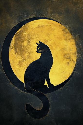 luminogram of a beautiful black and gold cat with a perfect tail sitting on a bright yellow crescent moon, with the black cat serving as the central focus of the composition. The cat is depicted in a whimsical manner by Anselm Kiefer and Jeremy Mann and Joshua Middleton and anton semenov, Rothko style, Design and composition by Rebecca Millen, --ar 2:3 --v 6.0