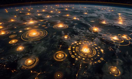 luminous incandescent calderas crop circles over all earth, orbit view --ar 5:3