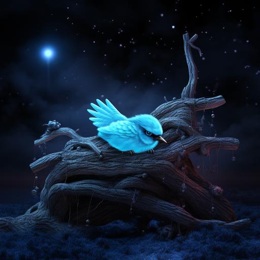 luminous new twitter X logo hanging above a sleeping blue bird twitter logo