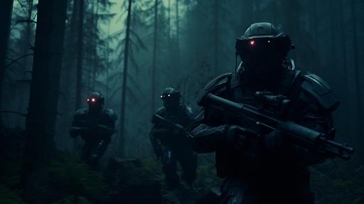 lush alien world in early twilight, soldiers in futuristic forest-green camouflage training in thick forest, recon drones flying overhead, super-realistic, detailed photography, journalistic screen grab, combat camera style --v 5.2 --ar 16:9 --style raw