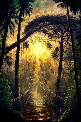 lush jungle rope glam metal bridge, sunset, volumetric lighting, sun rays, trees, large trees, lush exotic plants, pointillism --v 4 --ar 2:3 --s 100 --q 2 --s 100 --q 2 --s 100 --q 2