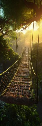 lush jungle rope glam metal bridge, sunset, volumetric lighting, sun rays, trees, large trees, lush exotic plants, dot matrix --v 5 --ar 1:3 --s 100 --q 2 --s 100 --q 2 --s 100 --q 2 --s 100 --q 2