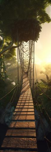 lush jungle rope glam metal bridge, sunset, volumetric lighting, sun rays, trees, large trees, lush exotic plants, dot matrix --v 5 --ar 1:3 --s 100 --q 2 --s 100 --q 2 --s 100 --q 2 --s 100 --q 2
