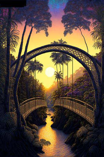 lush jungle rope glam metal bridge, sunset, volumetric lighting, sun rays, trees, large trees, lush exotic plants, pointillism --v 4 --ar 2:3 --s 100 --q 2 --s 100 --q 2 --s 100 --q 2