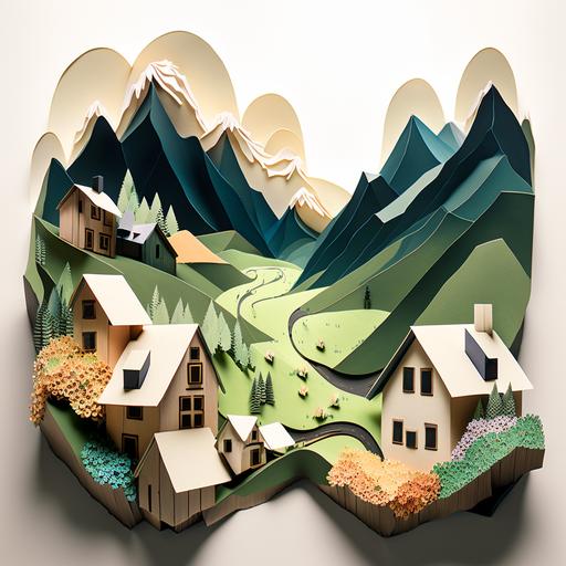 lush valley with small wooden homes in layered paper style