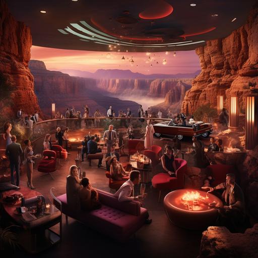 luxary party in the grand canyon with funtiture with mid century modern look. Nightclub, music and security with phones. high details, realistic characters