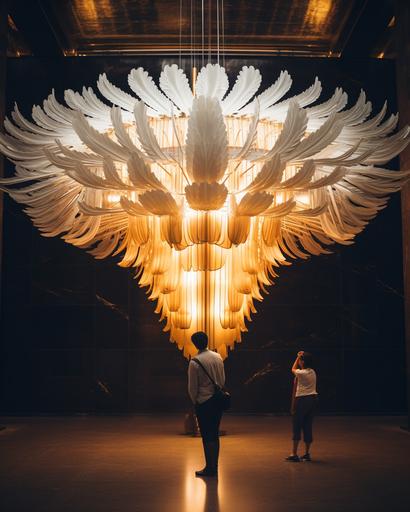 luxurious gold and silver huge metaphorical chicken feathers chandelier in new york city Empire State Building by Alex Strohl, minimal figures --ar 4:5 --stylize 150 --v 5.2