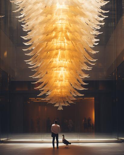luxurious gold and silver huge metaphorical chicken feathers chandelier in new york city Empire State Building by Alex Strohl, minimal figures --ar 4:5 --stylize 150 --v 5.2