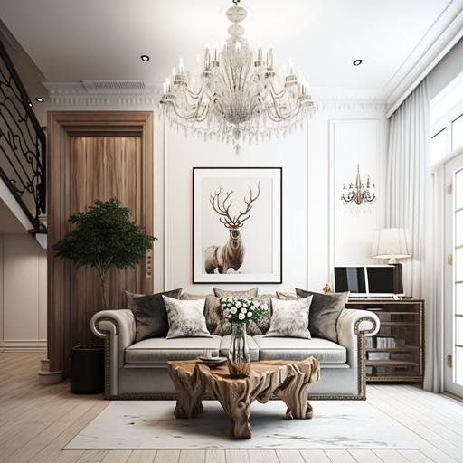 luxurious livingroom small 15m2, white wall, chandelier, wooden flood --q 2