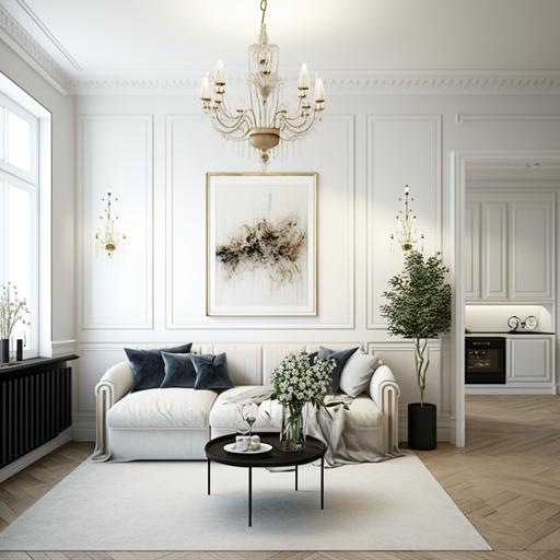 luxurious livingroom small 15m2, white wall, chandelier, wooden flood --q 2