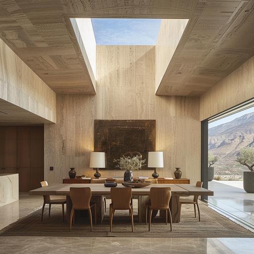 luxurious minimal dining room with travertine walls and view to olive montains. The dining has an eclectic dining table vintage dining chairs. Behind the table there is a console with two table lamps and a contemporary paitning. The room has a skylight.