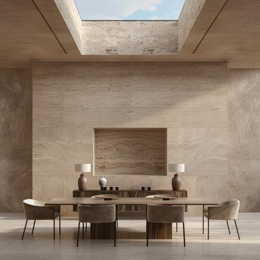 luxurious minimal dining room with travertine walls and view to olive montains. The dining has an eclectic dining table vintage dining chairs. Behind the table there is a console with two table lamps and a contemporary paitning. The room has a skylight.
