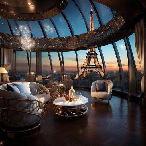 luxurious penthouse inside Eiffel tower in Paris, decorated with diamonds, retro futuristic furniture, advanced architectural design, photo-realistic, hyper-detailed, realistic architectural photography, cinematic lighting