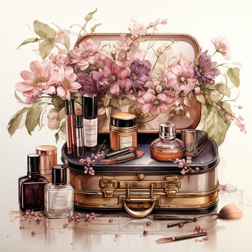 luxurius vintage makeup table with mirror and jewelry watercolor clipart on white background --s 750