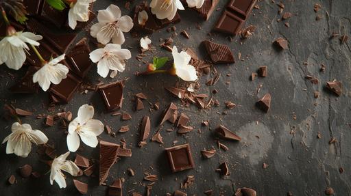 luxury background with small pieces of chocolate, concept spring, --ar 16:9 --v 6.0