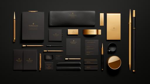luxury business mockup black and gold , business card, letterhead, notbook, 15mm f/2.8 ze, Ricoh r1. --v 5.2 --s 250 --ar 16:9