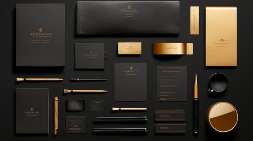 luxury business mockup black and gold , business card, letterhead, notbook, 15mm f/2.8 ze, Ricoh r1. --v 5.2 --s 250 --ar 16:9