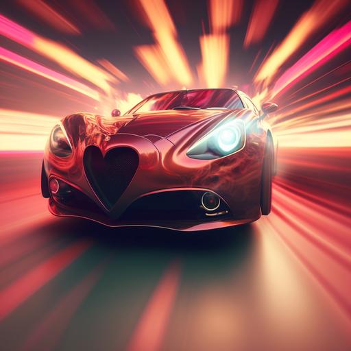 luxury car speeding with red heart shapes flying from windows, hyper realistic, epic lighting, 4k, promax