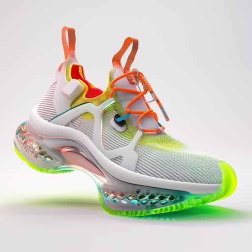 luxury futurisitc athletic shoes, neon color midsole, white background, studio photo --v 6.0