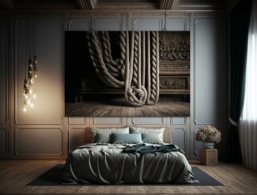 luxury huge old style large bedroom, rope hang on the wall as ornament, photography, exquisite texture, film photography, lighting, photography, exquisite texture, film photography, 4k, --v 4 --ar 4:3