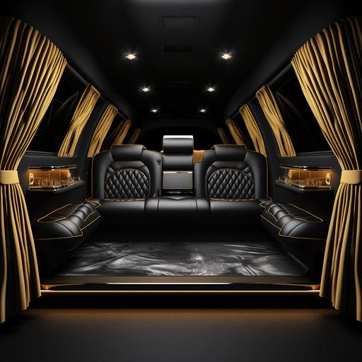 luxury limousine with gold silk curtains, black interior, black seats and gold silk apllicatiuons from the inside of the door, photorealistic