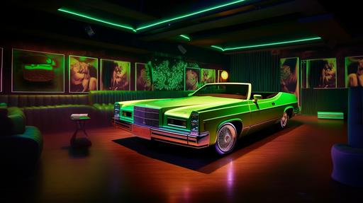 luxury modern high-end nightclub, Snoop Dogg Hip-Hop music video directed by Dave LaChapelle, lowrider car in the middle of the room on a neon platform, polished wood flooring, velvet, neon, green smoke, haze, dancing podium, wood parquet flooring, crushed velvet banquette seating, gold frames on the wall, graffiti on a feature wall, dramatic pendant light, 70s, environmental design, interior design, wood paneling, photorealistic cinematic, theatrical lighting wide view --ar 16:9 --v 5