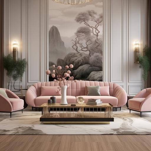luxury modern living room with wood, molding, glass modern lamps, cushion pink sofa, botanical, animals prints carpet, stone travertine modern table, fashion chandelier