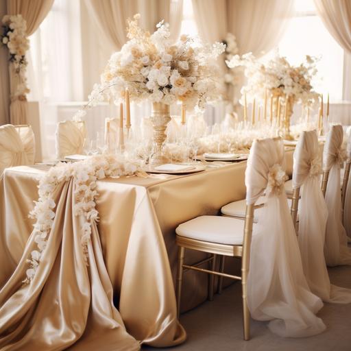 luxury wedding decoration, table with gold coloured silk tablecloth and gold coloured silk chair covers, white flower decoartion, photorealistic, 4k