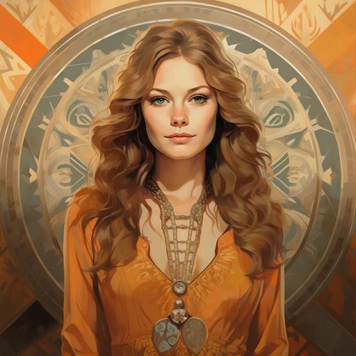 70s, retro, tarot, queen of pentacles, light brown hair, cheeks, lane byant, round face, pointed nose, swedish, older, mature, close up