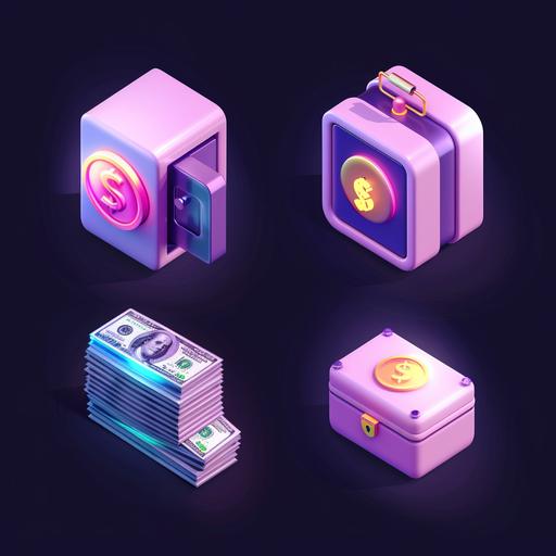 3 isometric icons set of 3 separated icons: realistic money safe, stack of money, charts. Paint material,Glossiness, C4D,bluish violet, octanerendering,3D render,frosted glass,benhance,dribbble,ui,ux,superdetails,pastel color,mockup,black background,fine luster, Soft focus, oc, blender, IP, bestquality, 8k, --v 6.0