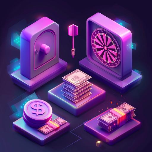 3 isometric icons set of 3 separated icons: realistic money safe, darts with a dart stuck in the middle, stack of money, Paint material,Glossiness, C4D,bluish violet, octanerendering,3D render,frosted glass,benhance,dribbble,ui,ux,superdetails,pastel color,mockup,black background,fine luster, Soft focus, oc, blender, IP, bestquality, 8k, --v 6.0