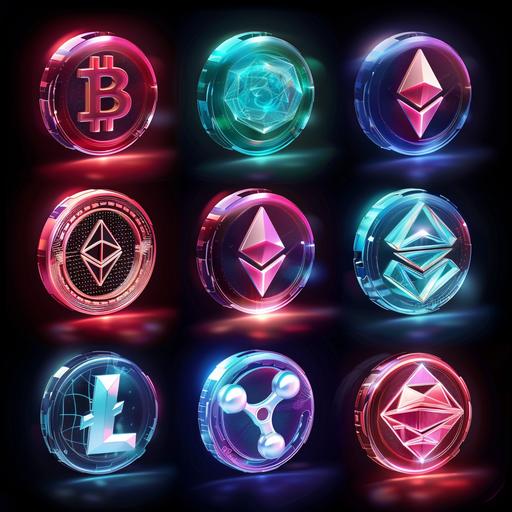 3d glass modern icons set for cryptocurrency