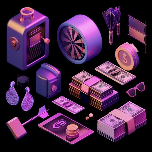 isometric icons set of 3 separated icons: money safe, darts, stack of money, Paint material,Glossiness, C4D,bluish violet, octanerendering,3D render,frosted glass,benhance,dribbble,ui,ux,superdetails,pastel color,mockup,black background,fine luster, Soft focus, oc, blender, IP, bestquality, 8k, --v 6.0