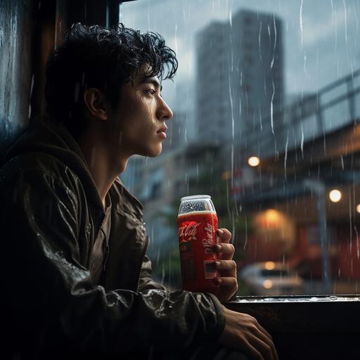 Asian guy drinking coke staring at the window, it is raining outside