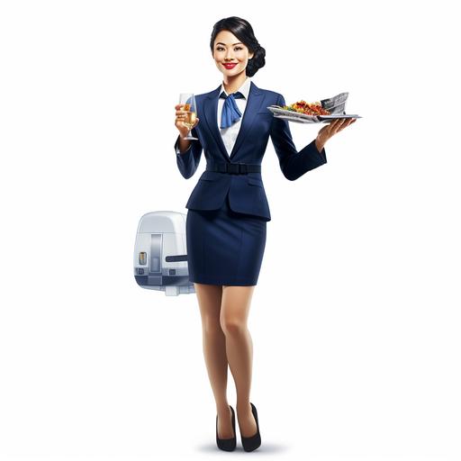 Full body view of a happy asian woman wearing a dark blue corporate pencil skirt suit serving drinks on friends inside an airplane. on a white background. Photorealistic